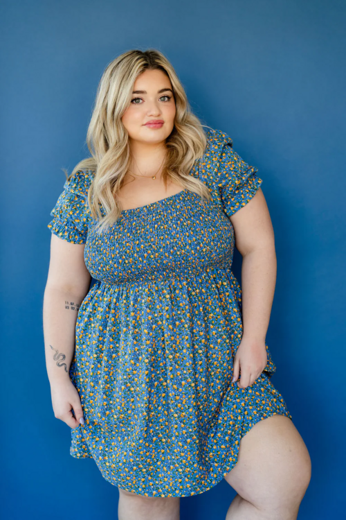 ROSE MATERNITÉ | Robe - COLETTE - Bleu à fleurs jaune
