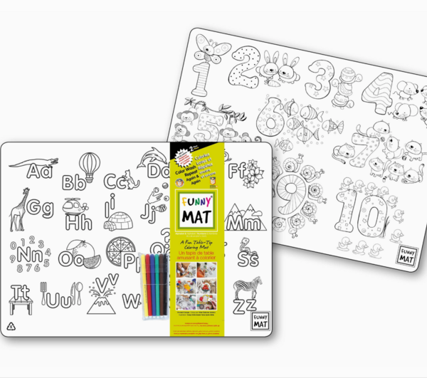 FUNNY MAT | 2 tapis de coloriage compacts, alphabet & chiffres + 6 marqueurs