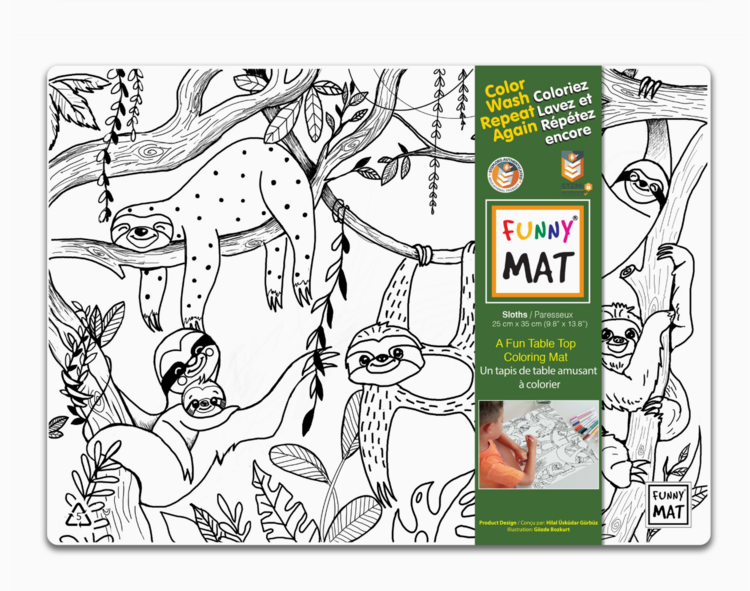 FUNNY MAT | Tapis à Colorier de Table en Format Compact - Dinos et paresseux avec 6 marqueurs - Paquet de 2