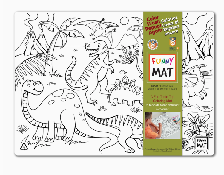 FUNNY MAT | Tapis à Colorier de Table en Format Compact - Dinos et paresseux avec 6 marqueurs - Paquet de 2