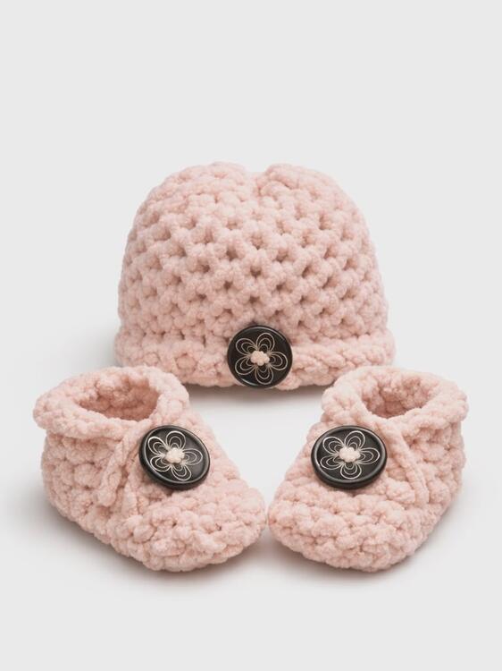 FAIT À LA MAIN | Pantoufles et Tuque - Rose pâle